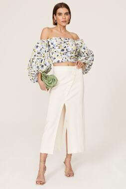TANYA TAYLOR Blue Floral Cotton Off Shoulder Puff Sleeves Alondra Top Size 2